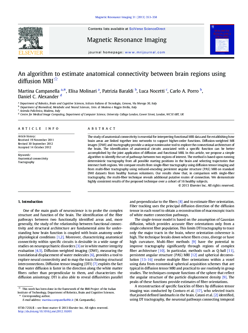 An algorithm to estimate anatomical connectivity between brain regions using diffusion MRI 