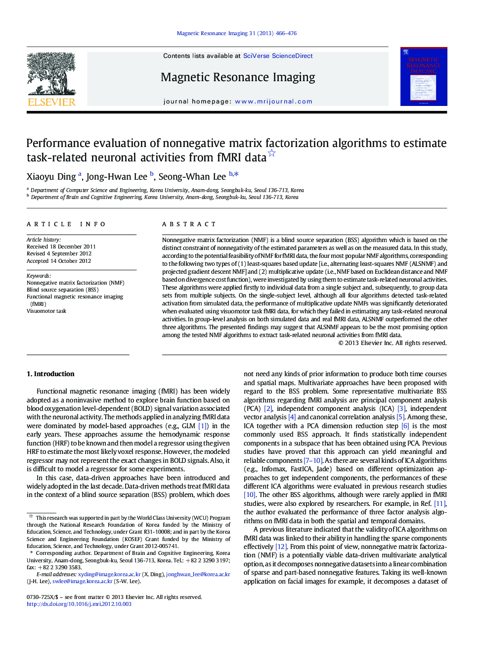 Performance evaluation of nonnegative matrix factorization algorithms to estimate task-related neuronal activities from fMRI data 