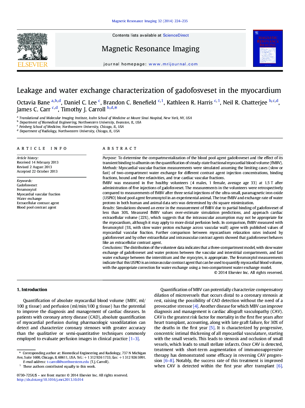 Leakage and water exchange characterization of gadofosveset in the myocardium