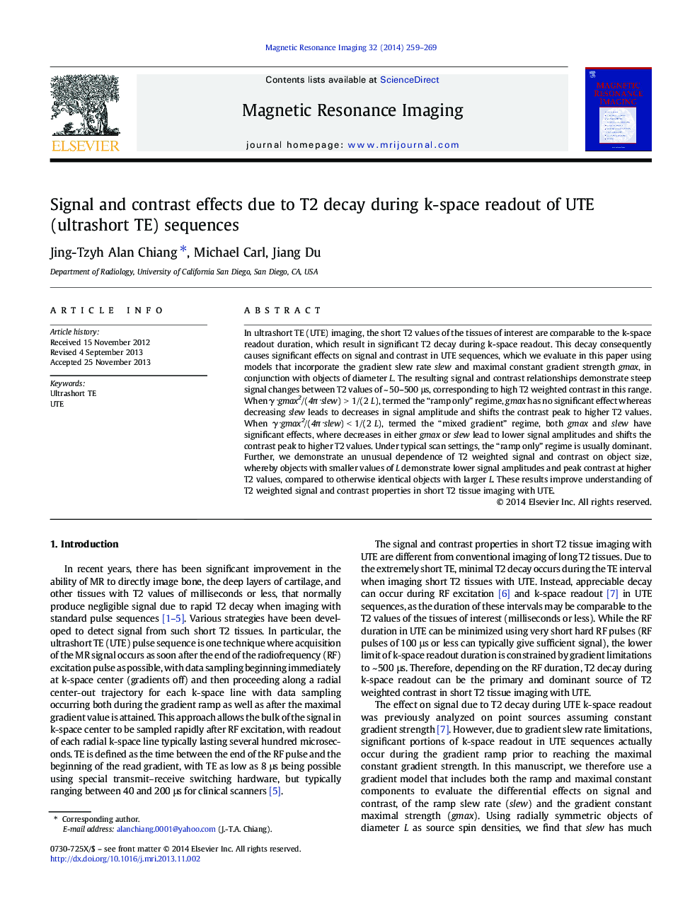 Signal and contrast effects due to T2 decay during k-space readout of UTE (ultrashort TE) sequences