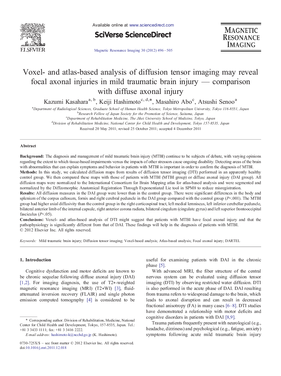 عکس صفحه اول مقاله: Voxel- and atlas-based analysis of diffusion tensor imaging may reveal focal axonal injuries in mild traumatic brain injury — comparison with diffuse axonal injury Voxel- and atlas-based analysis of diffusion tensor imaging may reveal focal axonal injuries in mild traumatic brain injury — comparison with diffuse axonal injury