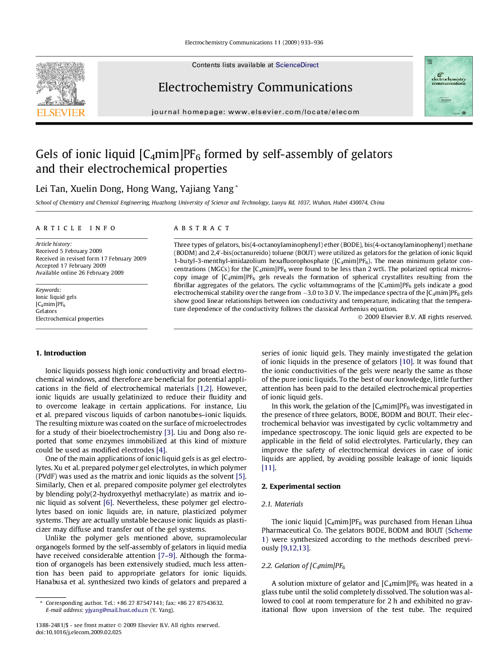 Gels of ionic liquid [C4mim]PF6 formed by self-assembly of gelators and their electrochemical properties