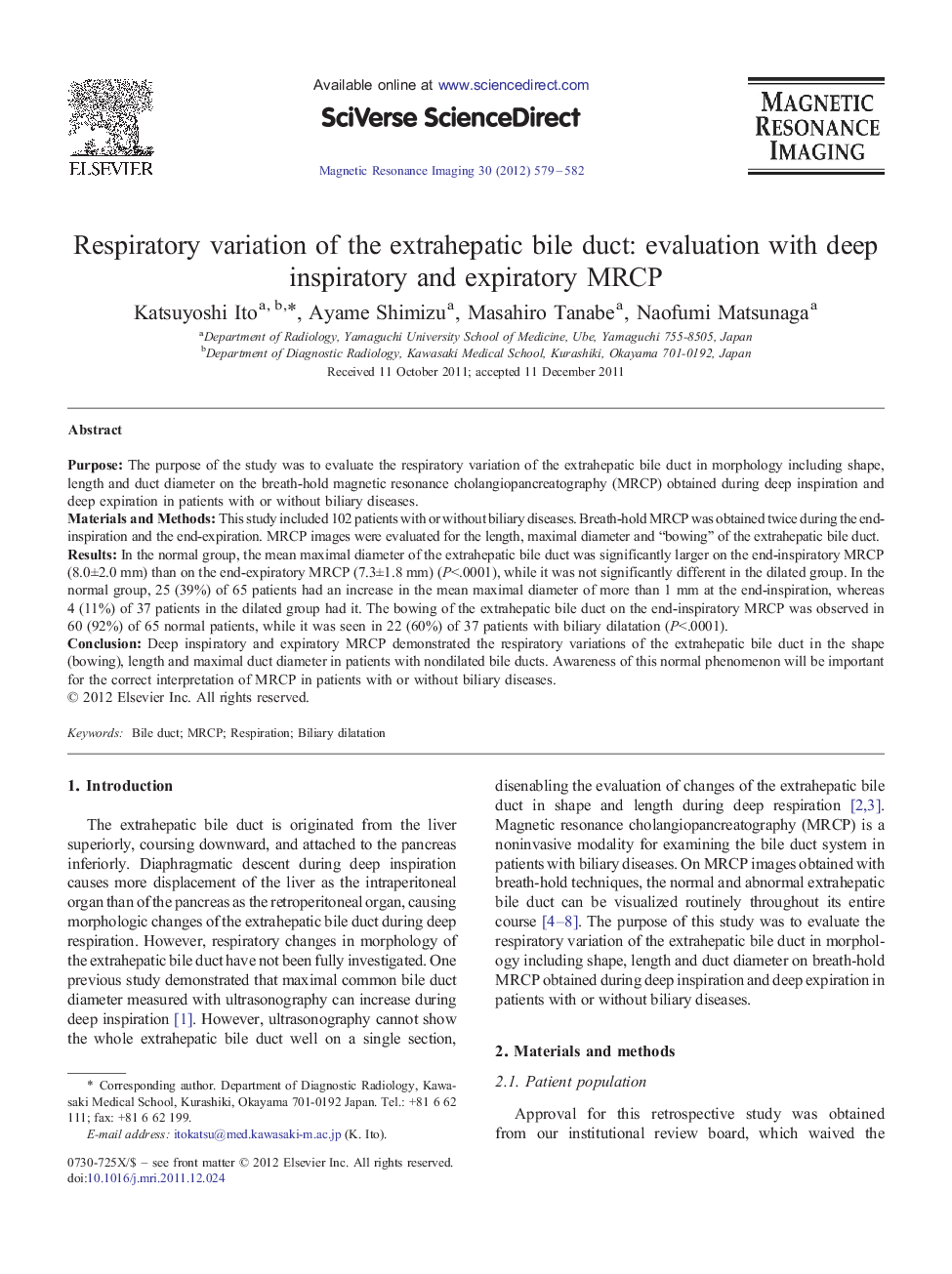 Respiratory variation of the extrahepatic bile duct: evaluation with deep inspiratory and expiratory MRCP