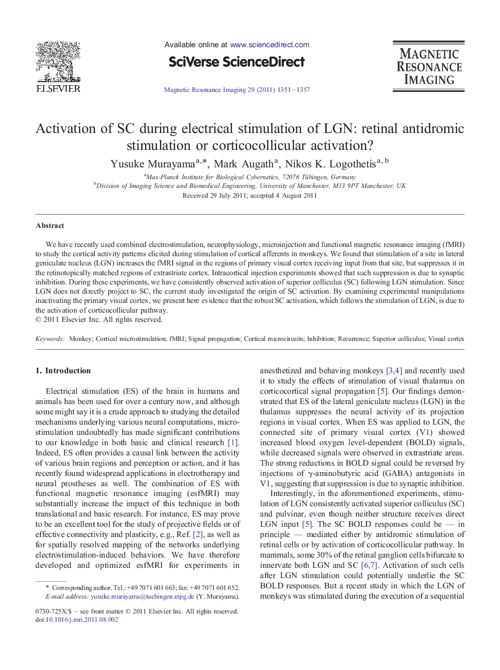 Activation of SC during electrical stimulation of LGN: retinal antidromic stimulation or corticocollicular activation?