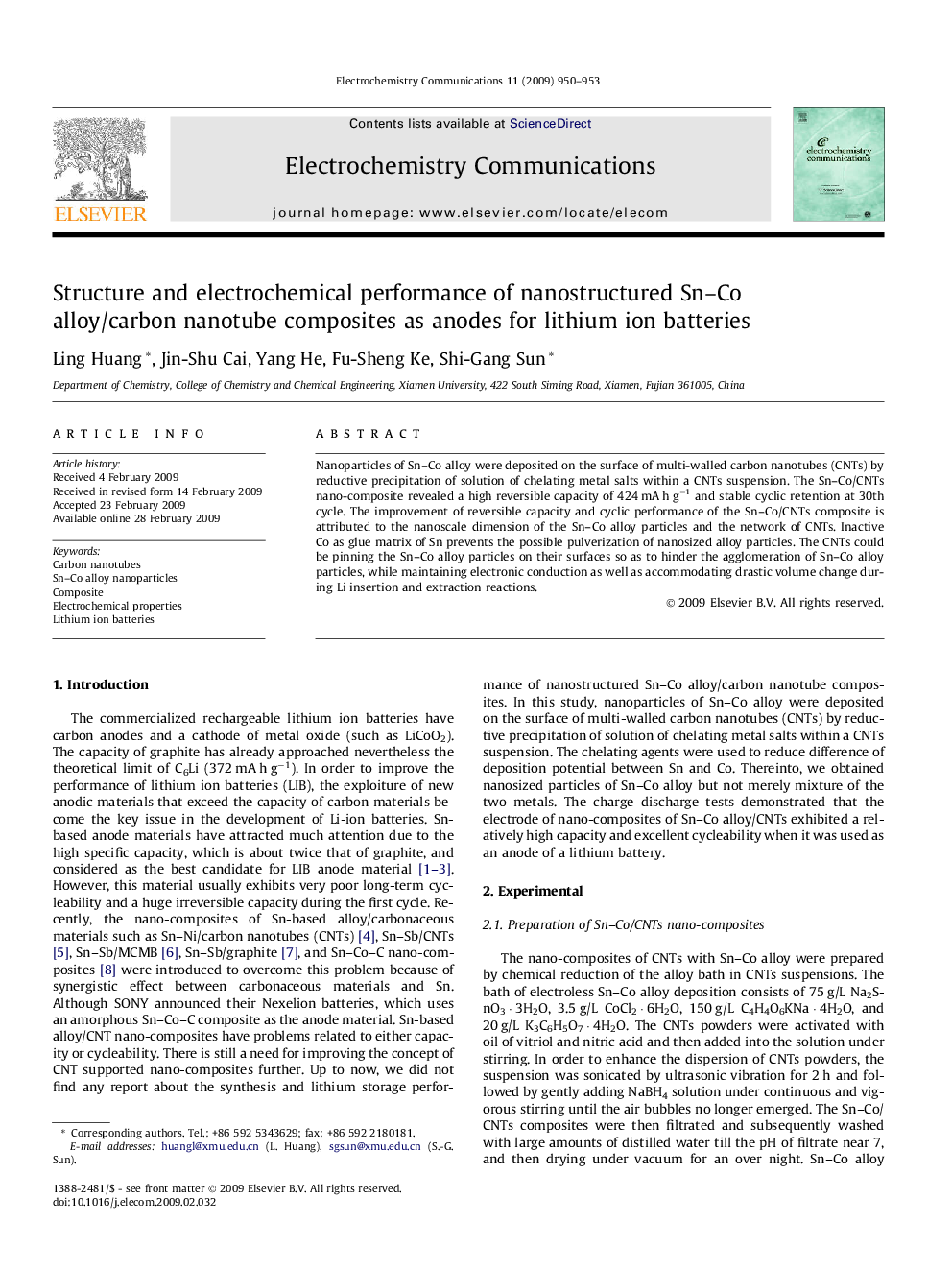 Structure and electrochemical performance of nanostructured Sn–Co alloy/carbon nanotube composites as anodes for lithium ion batteries