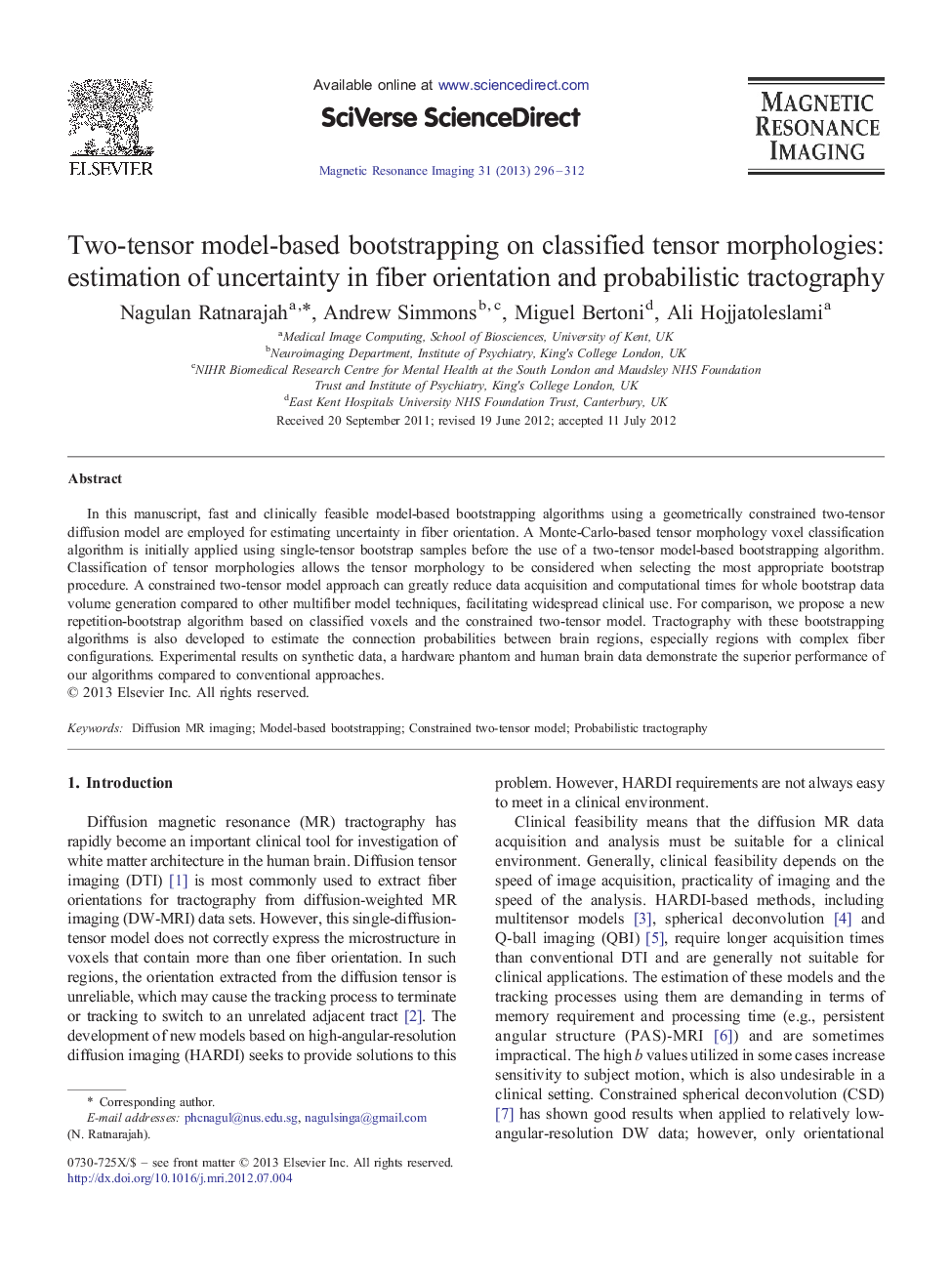 Two-tensor model-based bootstrapping on classified tensor morphologies: estimation of uncertainty in fiber orientation and probabilistic tractography