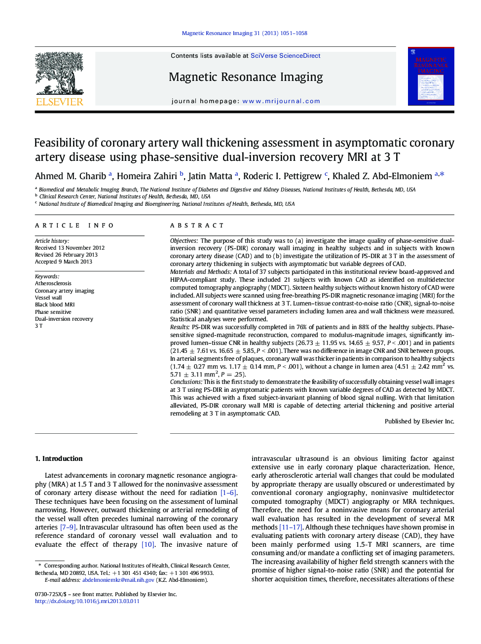 Feasibility of coronary artery wall thickening assessment in asymptomatic coronary artery disease using phase-sensitive dual-inversion recovery MRI at 3 T