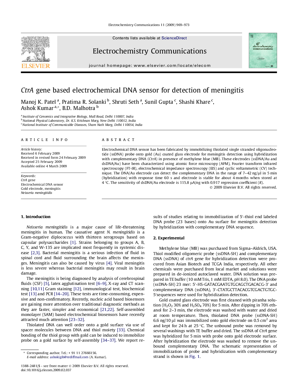 CtrA gene based electrochemical DNA sensor for detection of meningitis