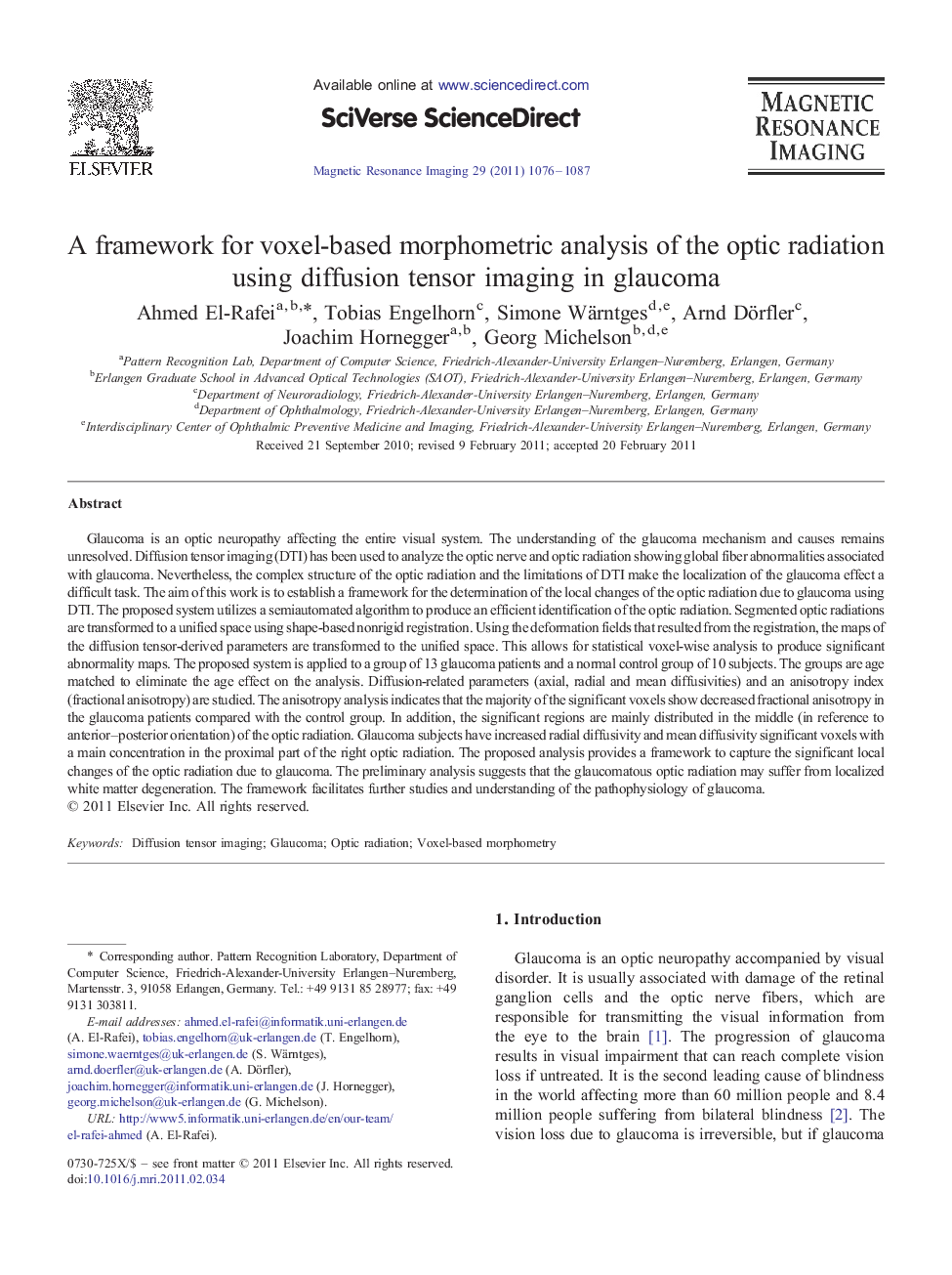 A framework for voxel-based morphometric analysis of the optic radiation using diffusion tensor imaging in glaucoma