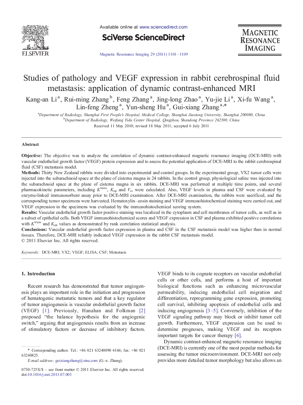 Studies of pathology and VEGF expression in rabbit cerebrospinal fluid metastasis: application of dynamic contrast-enhanced MRI