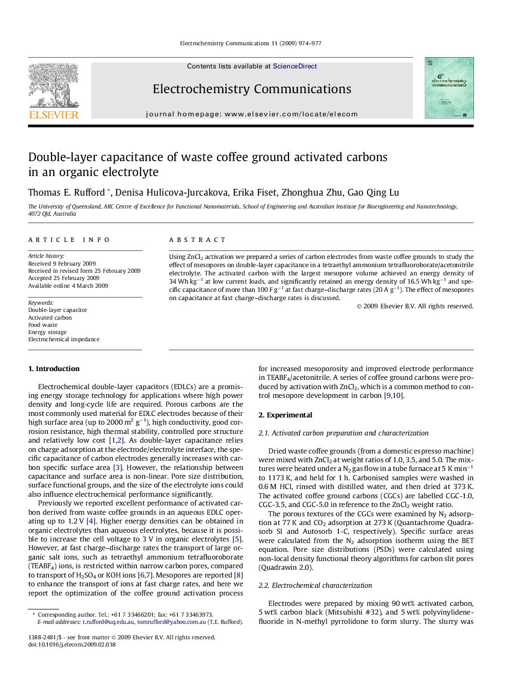 Double-layer capacitance of waste coffee ground activated carbons in an organic electrolyte