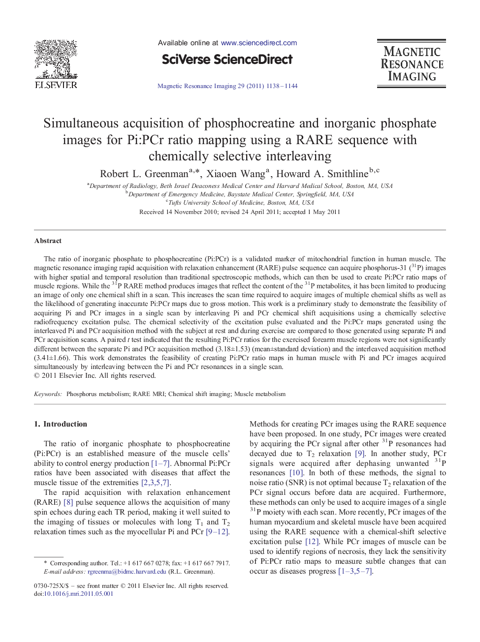 Simultaneous acquisition of phosphocreatine and inorganic phosphate images for Pi:PCr ratio mapping using a RARE sequence with chemically selective interleaving