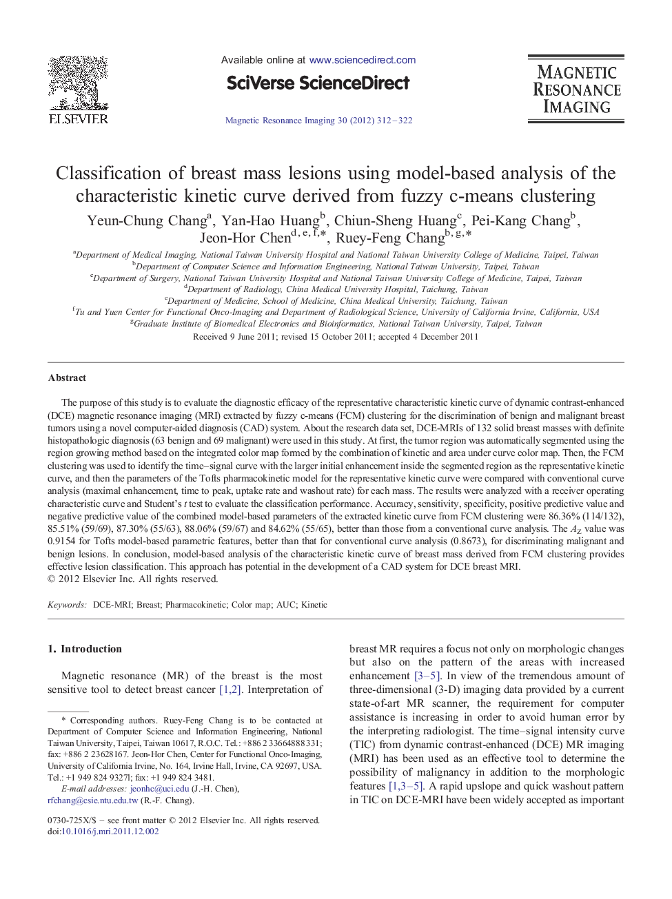 Classification of breast mass lesions using model-based analysis of the characteristic kinetic curve derived from fuzzy c-means clustering