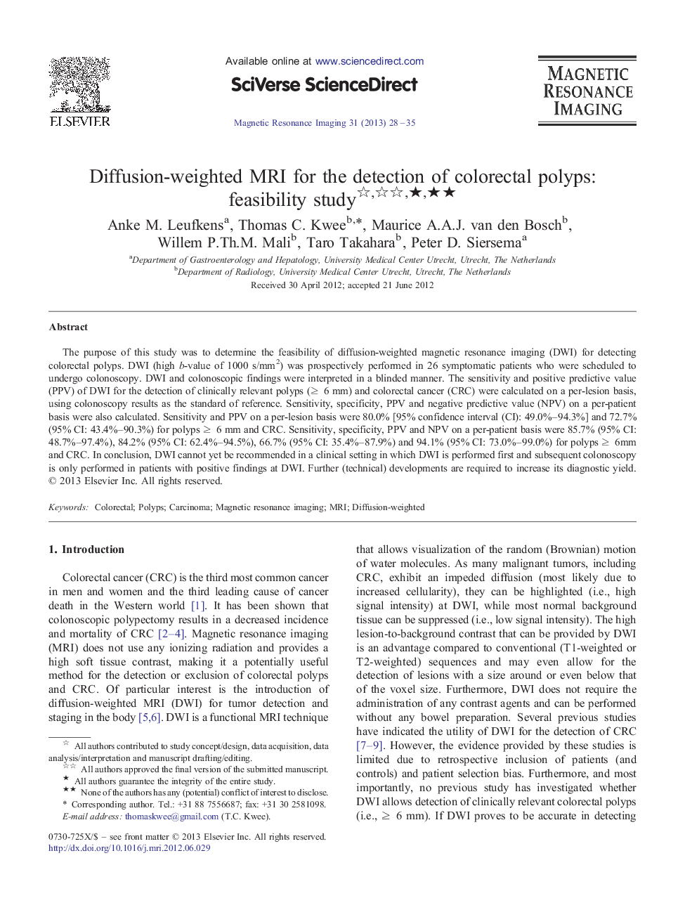 Diffusion-weighted MRI for the detection of colorectal polyps: feasibility study ★★★