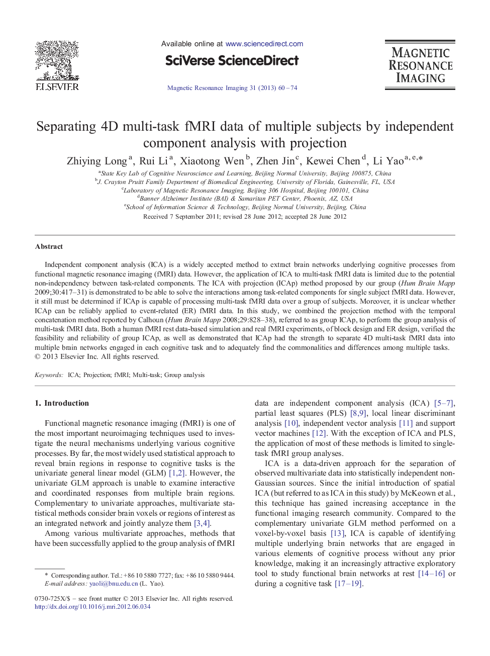 Separating 4D multi-task fMRI data of multiple subjects by independent component analysis with projection