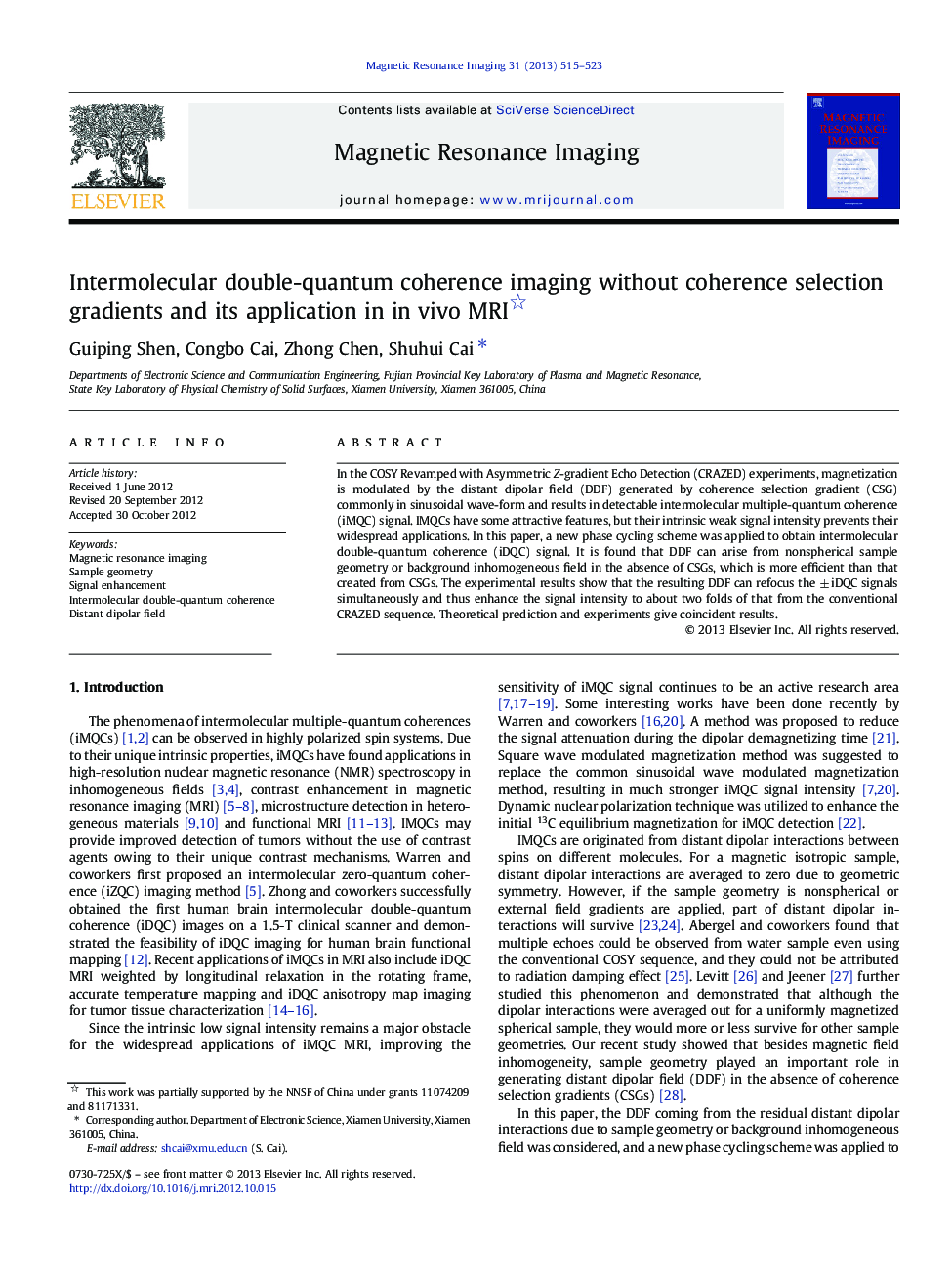 Intermolecular double-quantum coherence imaging without coherence selection gradients and its application in in vivo MRI 