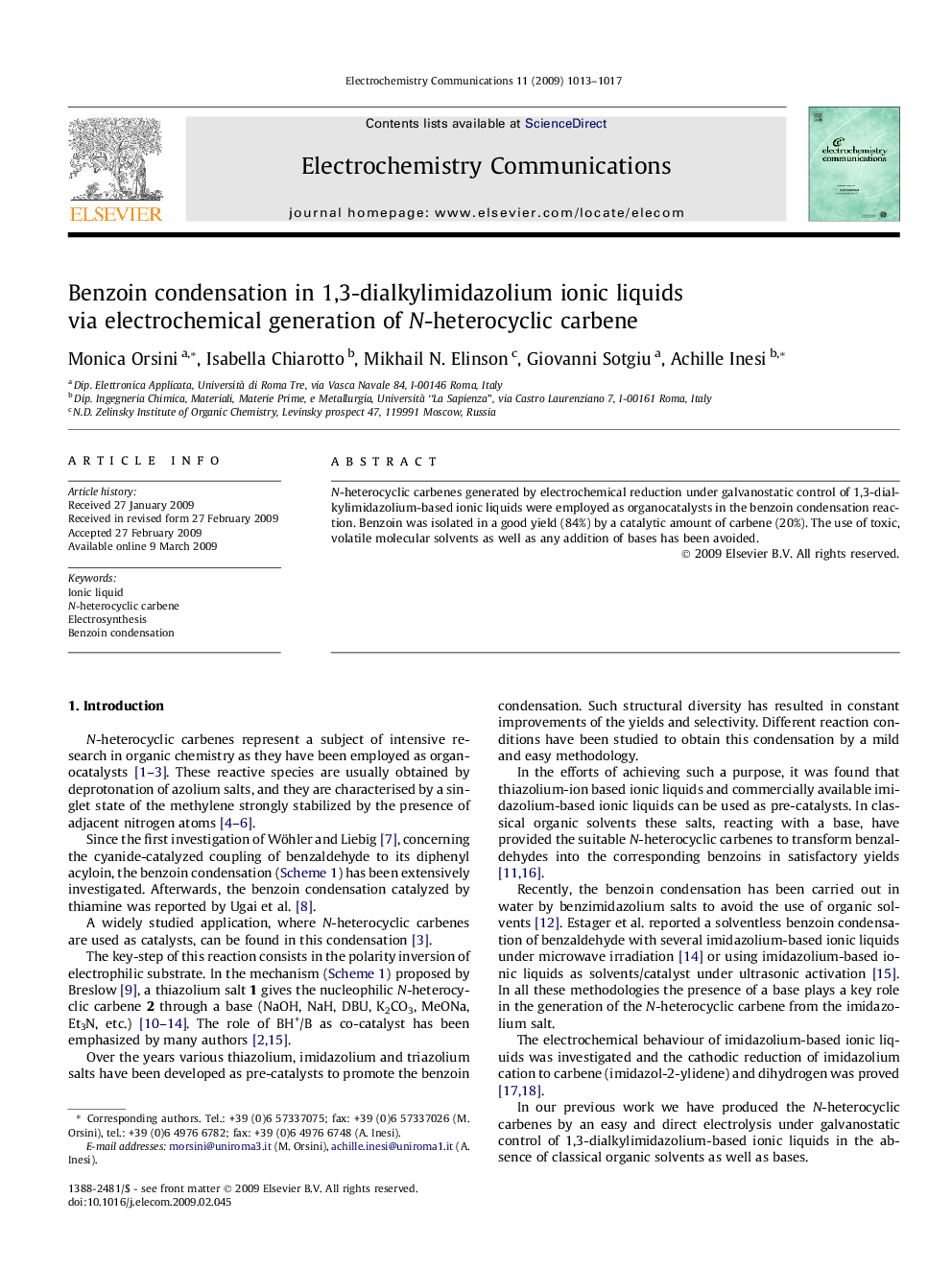 Benzoin condensation in 1,3-dialkylimidazolium ionic liquids via electrochemical generation of N-heterocyclic carbene