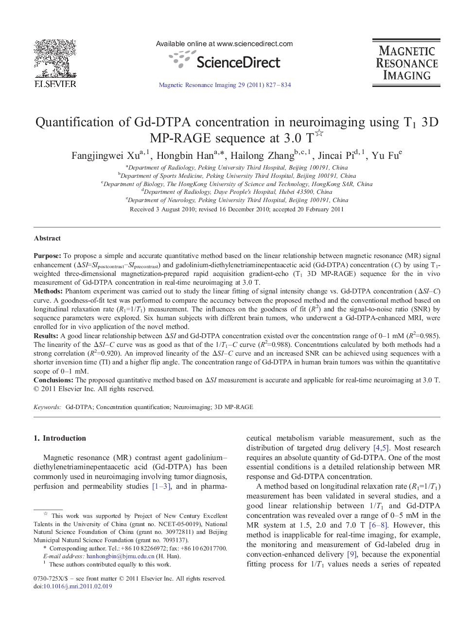 Quantification of Gd-DTPA concentration in neuroimaging using T1 3D MP-RAGE sequence at 3.0 T