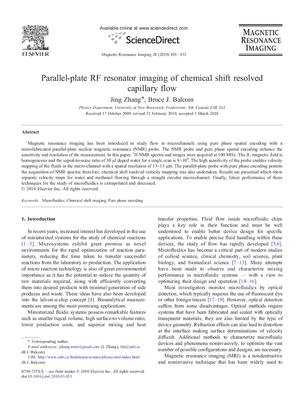 Parallel-plate RF resonator imaging of chemical shift resolved capillary flow