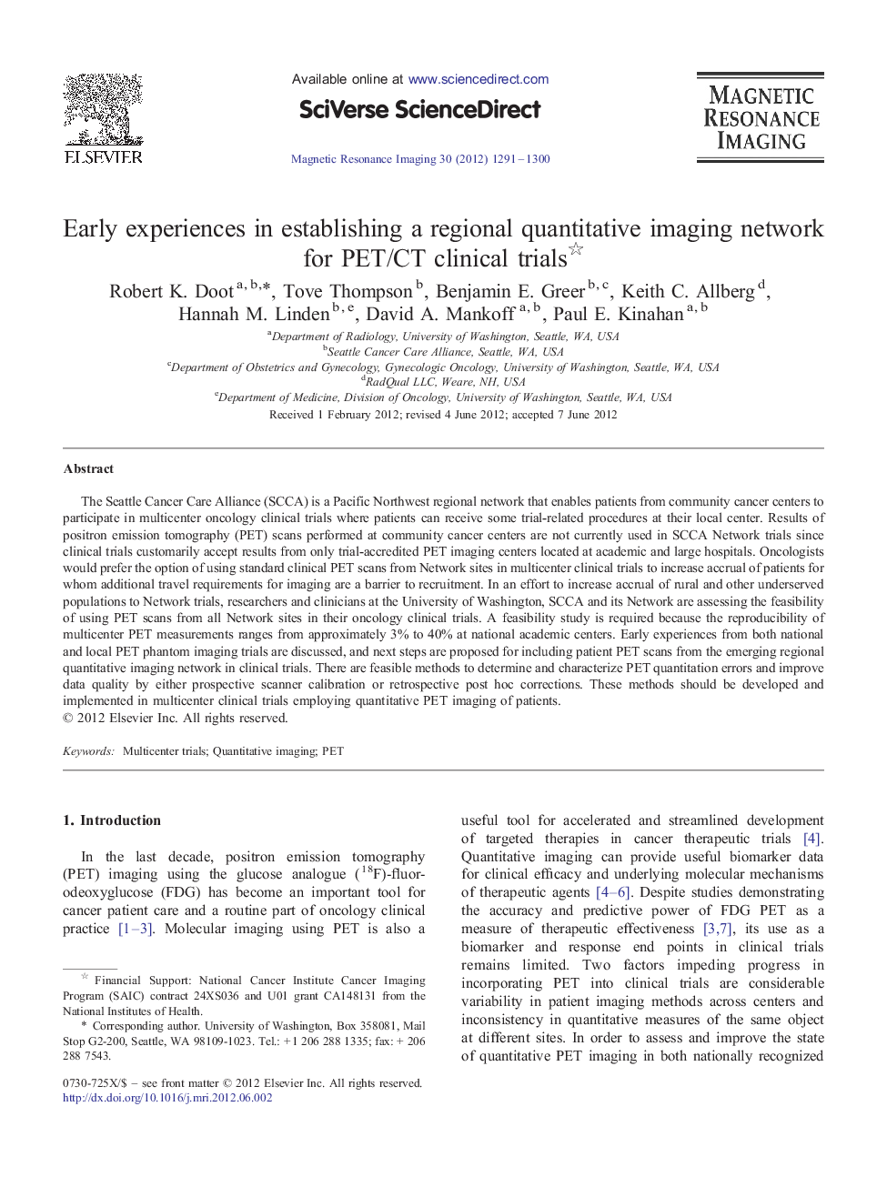 Early experiences in establishing a regional quantitative imaging network for PET/CT clinical trials ✩