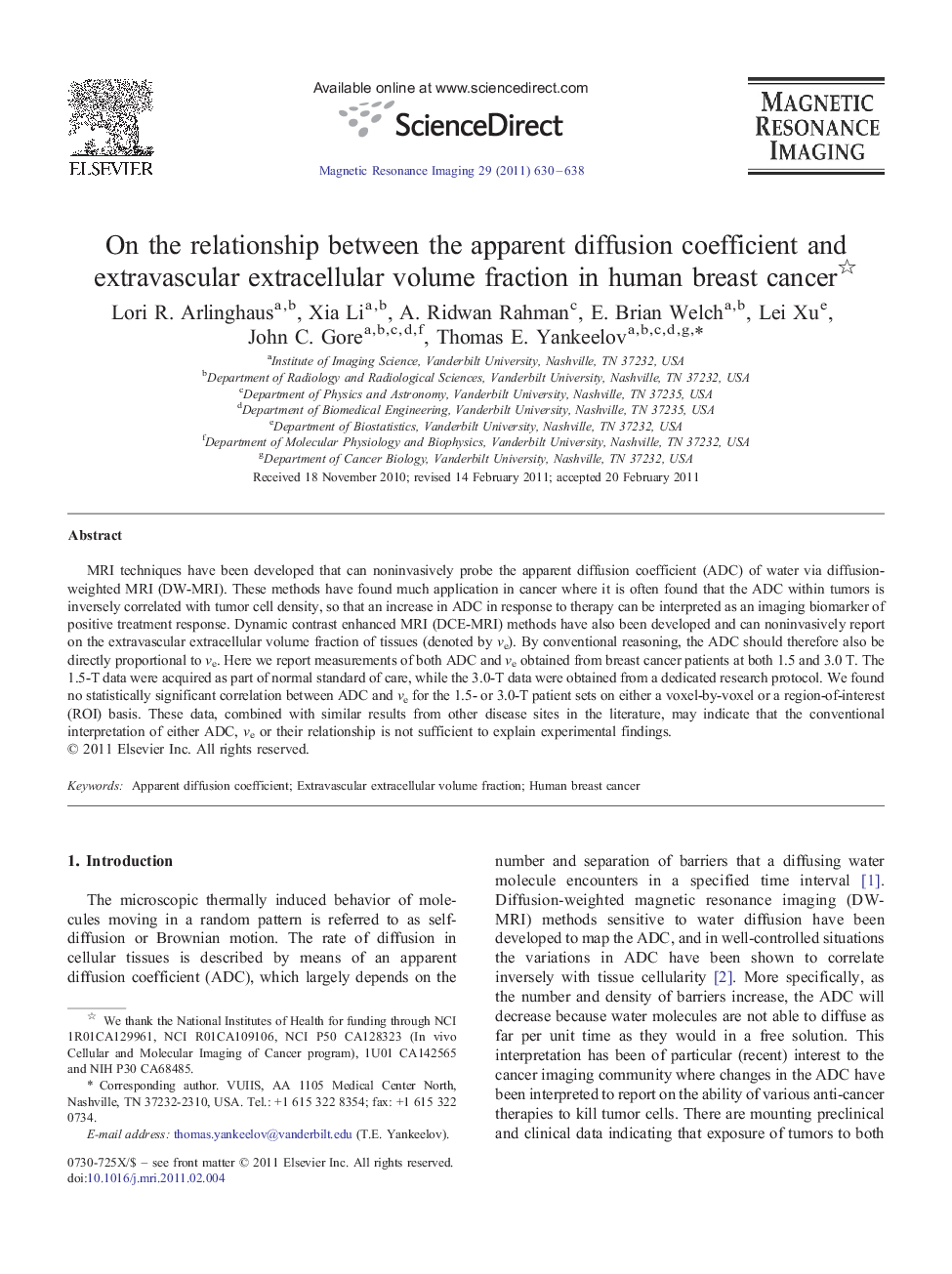 On the relationship between the apparent diffusion coefficient and extravascular extracellular volume fraction in human breast cancer