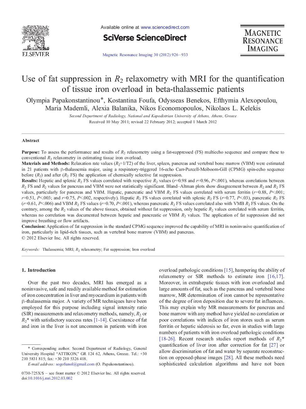 Use of fat suppression in R2 relaxometry with MRI for the quantification of tissue iron overload in beta-thalassemic patients