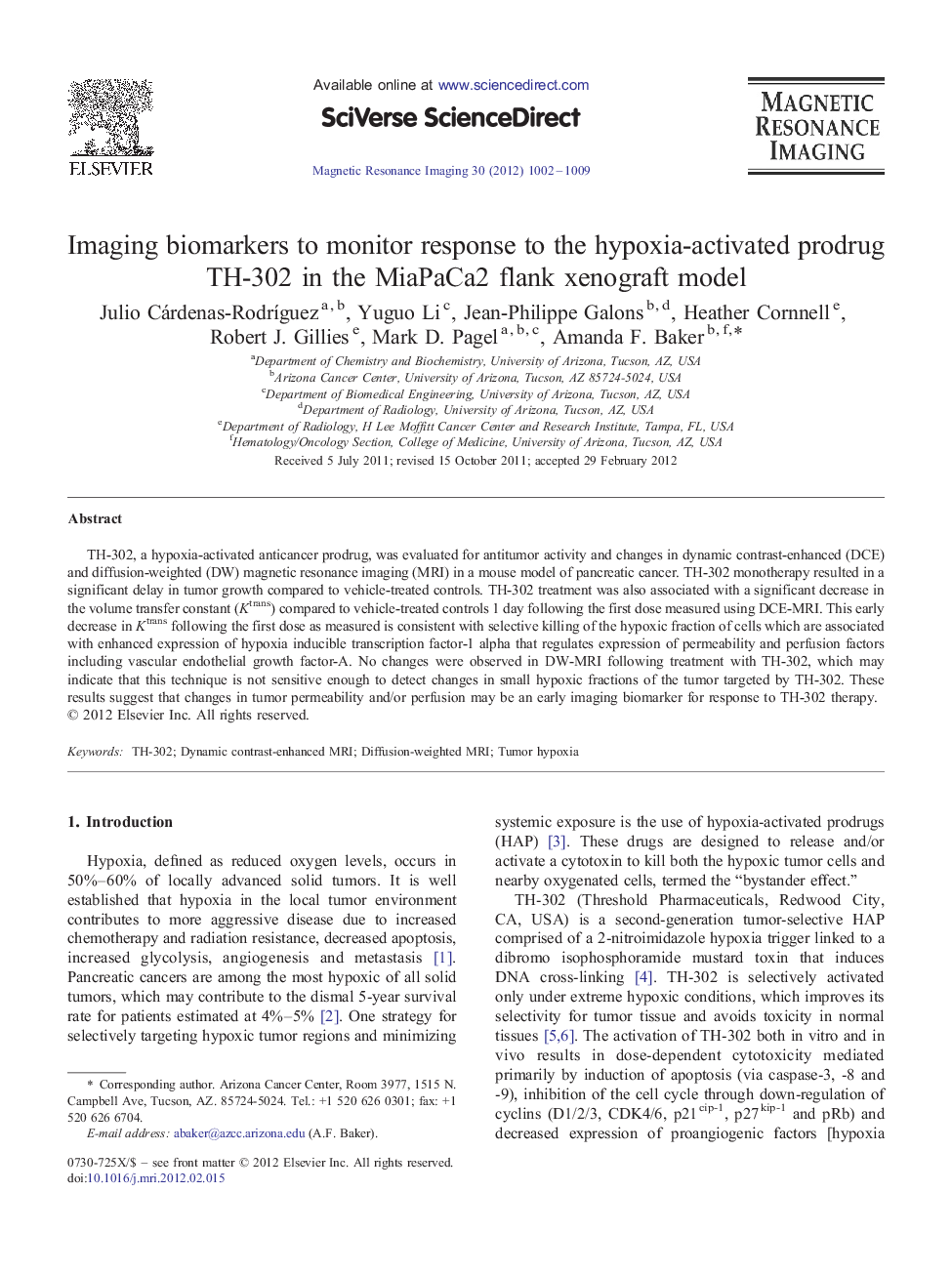 Imaging biomarkers to monitor response to the hypoxia-activated prodrug TH-302 in the MiaPaCa2 flank xenograft model