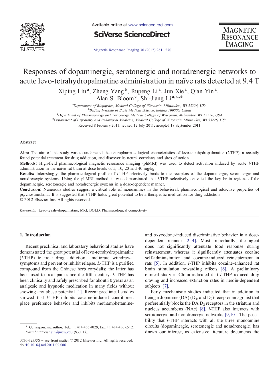 Responses of dopaminergic, serotonergic and noradrenergic networks to acute levo-tetrahydropalmatine administration in naïve rats detected at 9.4 T