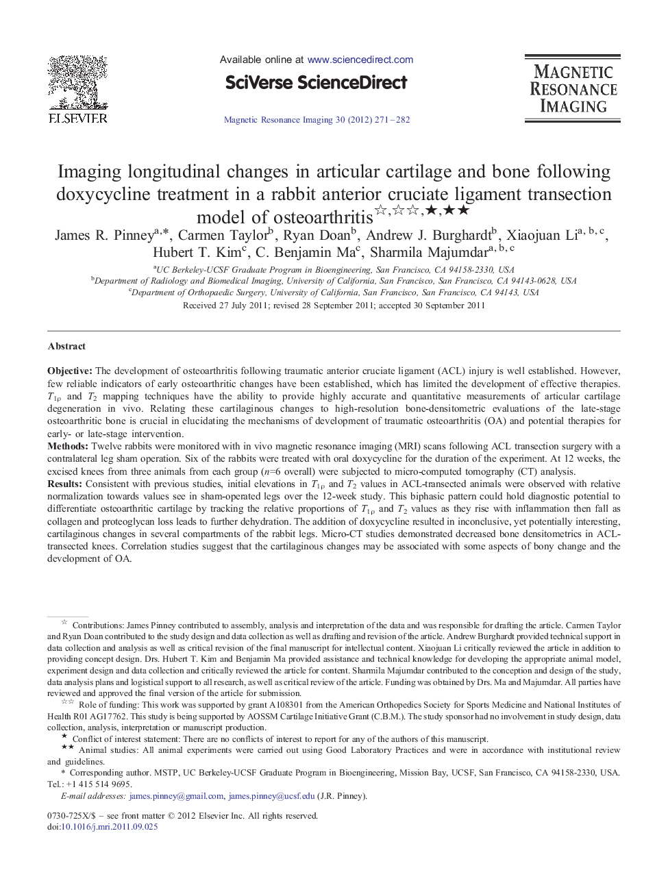 Imaging longitudinal changes in articular cartilage and bone following doxycycline treatment in a rabbit anterior cruciate ligament transection model of osteoarthritis ★★★