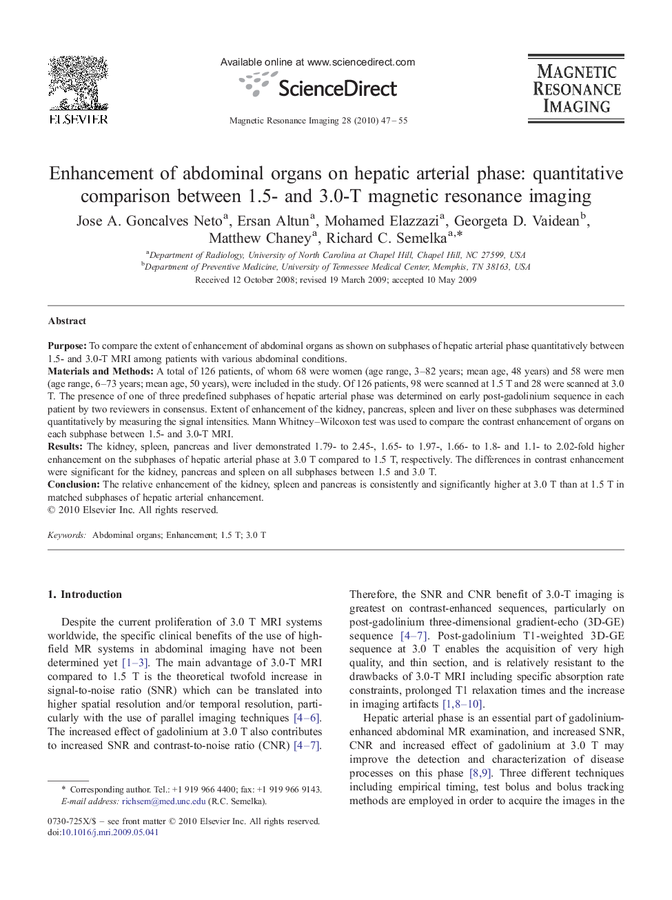 Enhancement of abdominal organs on hepatic arterial phase: quantitative comparison between 1.5- and 3.0-T magnetic resonance imaging