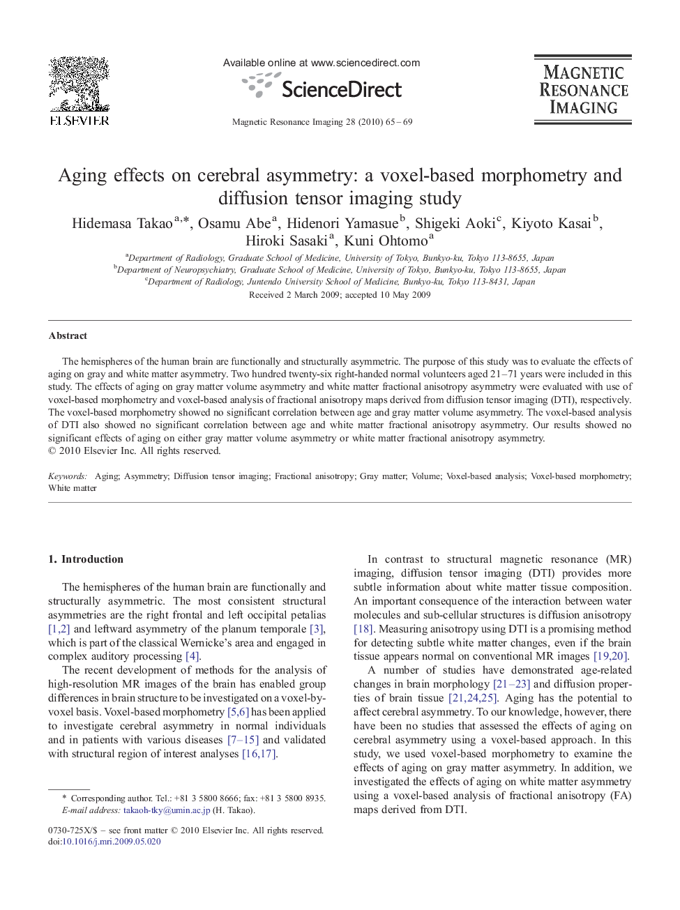 Aging effects on cerebral asymmetry: a voxel-based morphometry and diffusion tensor imaging study