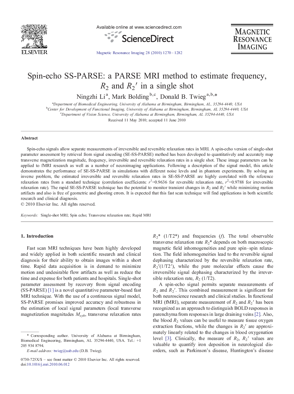 عکس صفحه اول مقاله: Spin-echo SS-PARSE: a PARSE MRI method to estimate frequency, R2 and R2â² in a single shot Spin-echo SS-PARSE: a PARSE MRI method to estimate frequency, R2 and R2â² in a single shot