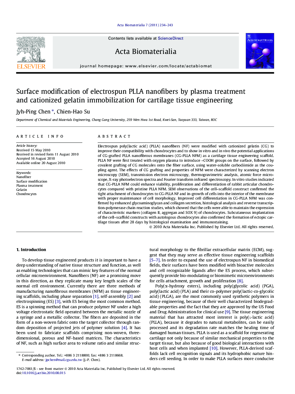 Surface modification of electrospun PLLA nanofibers by plasma treatment and cationized gelatin immobilization for cartilage tissue engineering