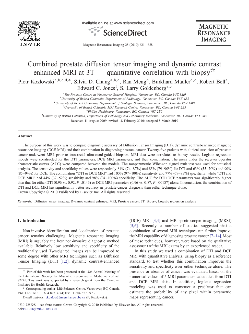 Combined prostate diffusion tensor imaging and dynamic contrast enhanced MRI at 3T — quantitative correlation with biopsy 