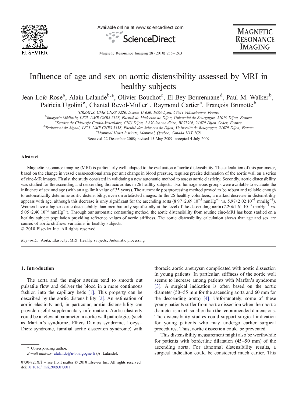 Influence of age and sex on aortic distensibility assessed by MRI in healthy subjects