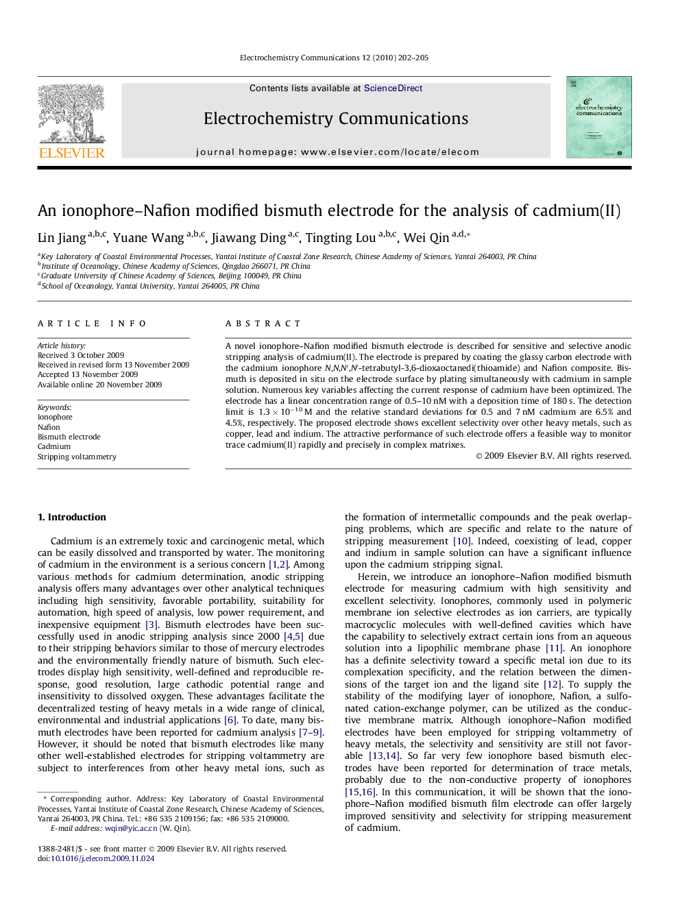 An ionophore–Nafion modified bismuth electrode for the analysis of cadmium(II)