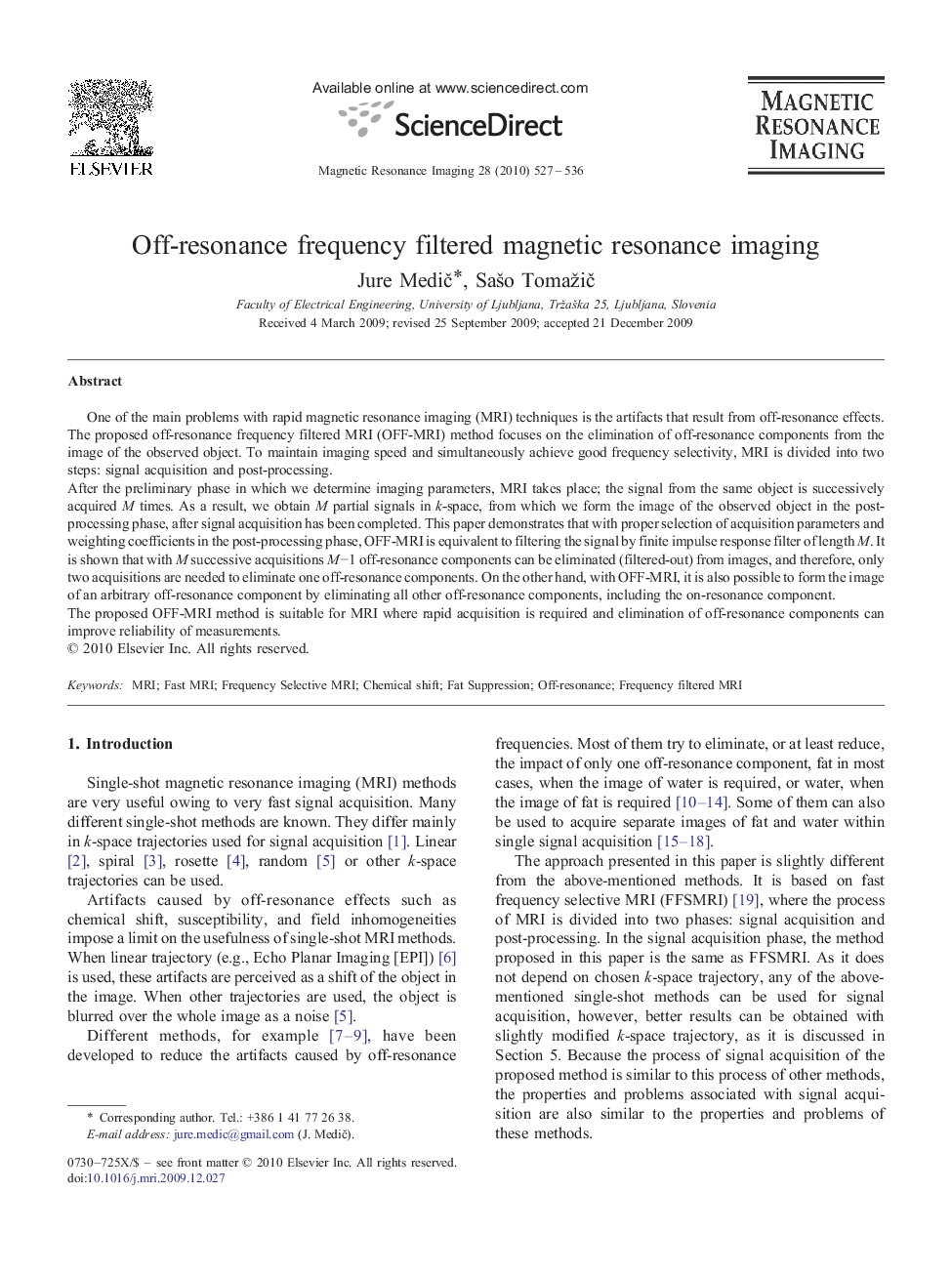 Off-resonance frequency filtered magnetic resonance imaging