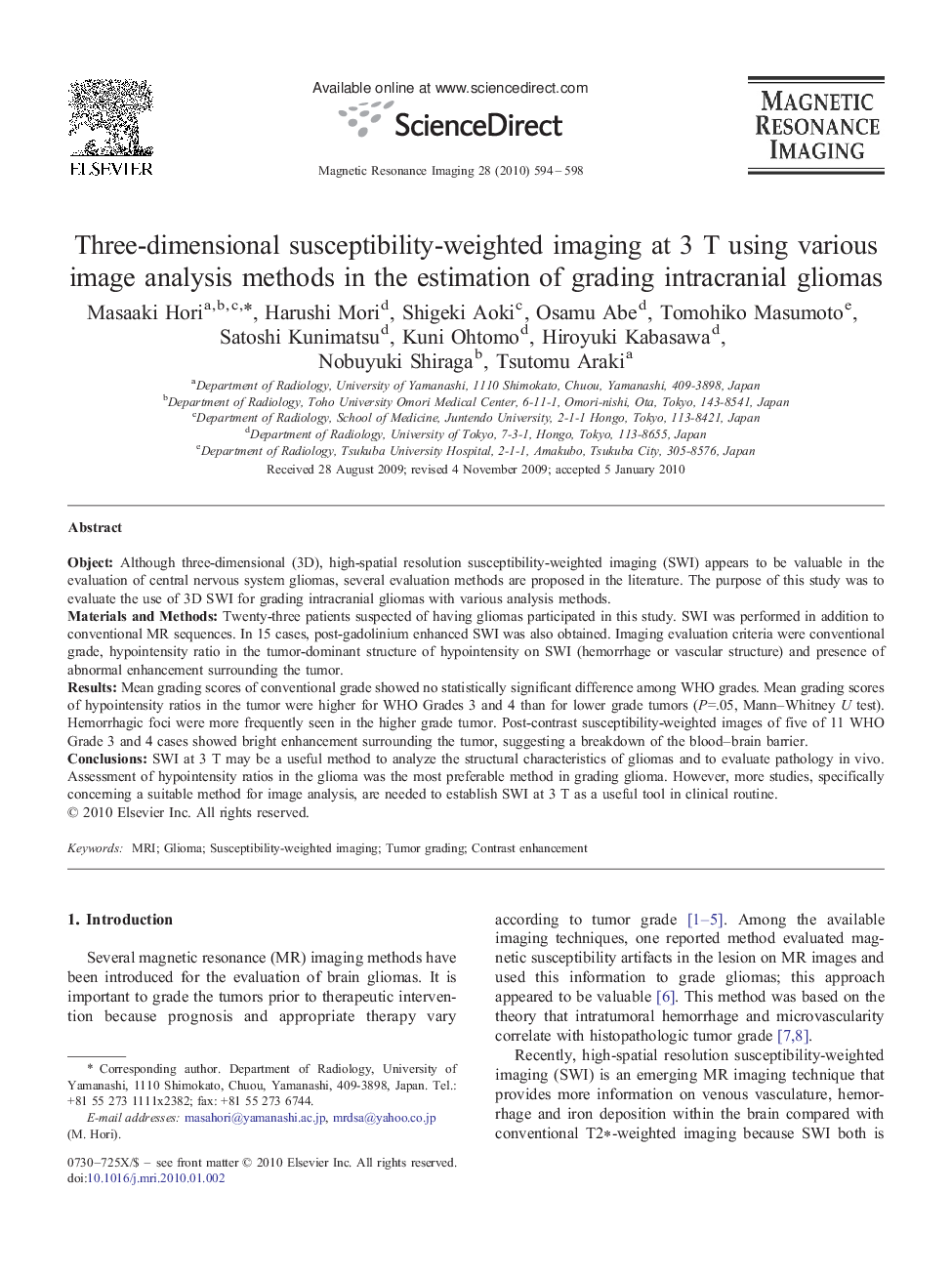 Three-dimensional susceptibility-weighted imaging at 3 T using various image analysis methods in the estimation of grading intracranial gliomas