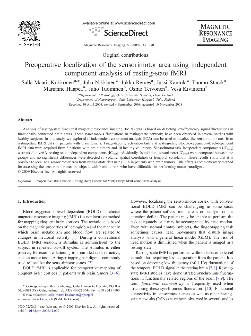 Preoperative localization of the sensorimotor area using independent component analysis of resting-state fMRI