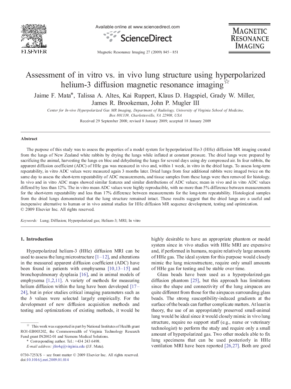 Assessment of in vitro vs. in vivo lung structure using hyperpolarized helium-3 diffusion magnetic resonance imaging