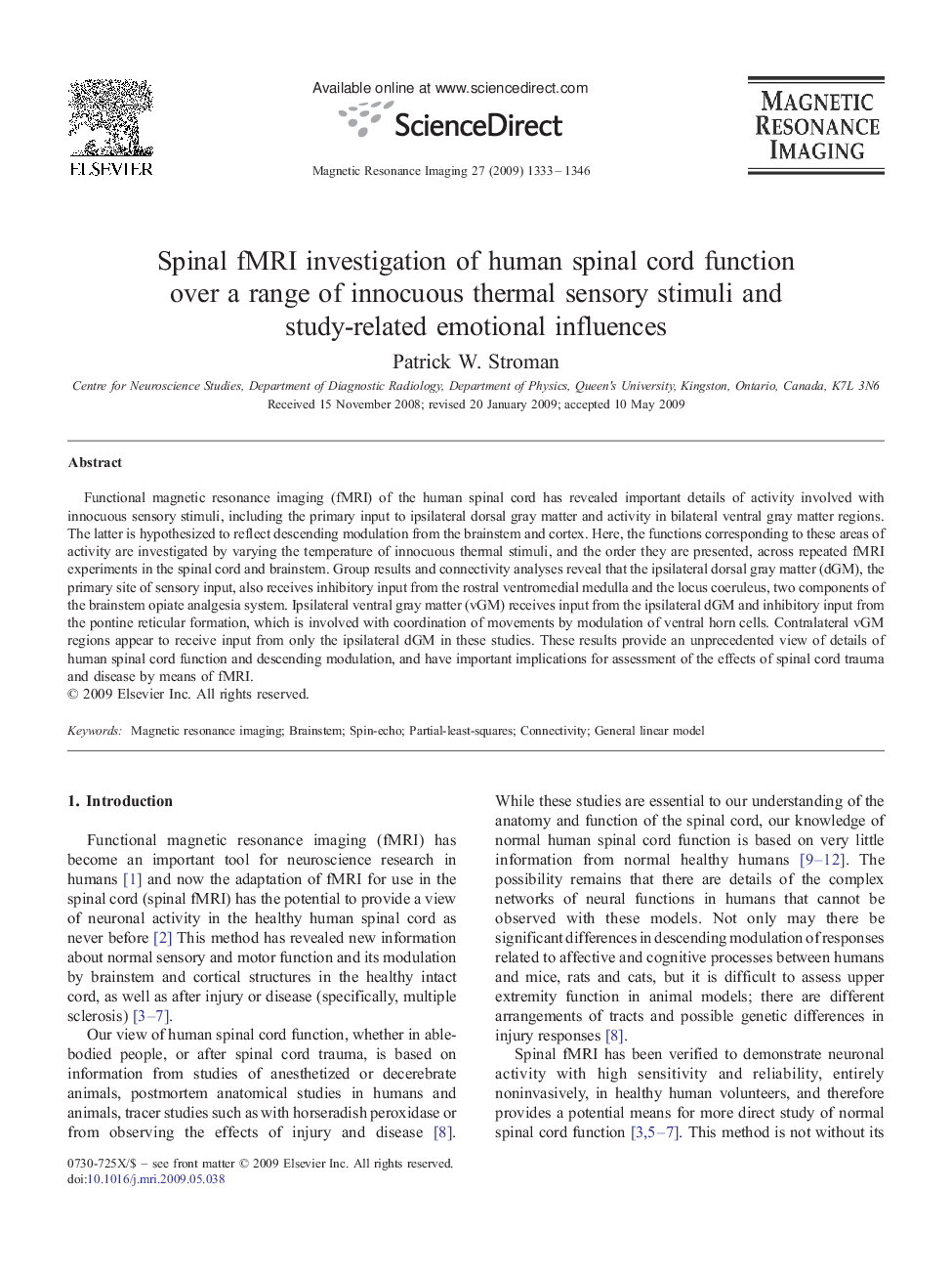 Spinal fMRI investigation of human spinal cord function over a range of innocuous thermal sensory stimuli and study-related emotional influences