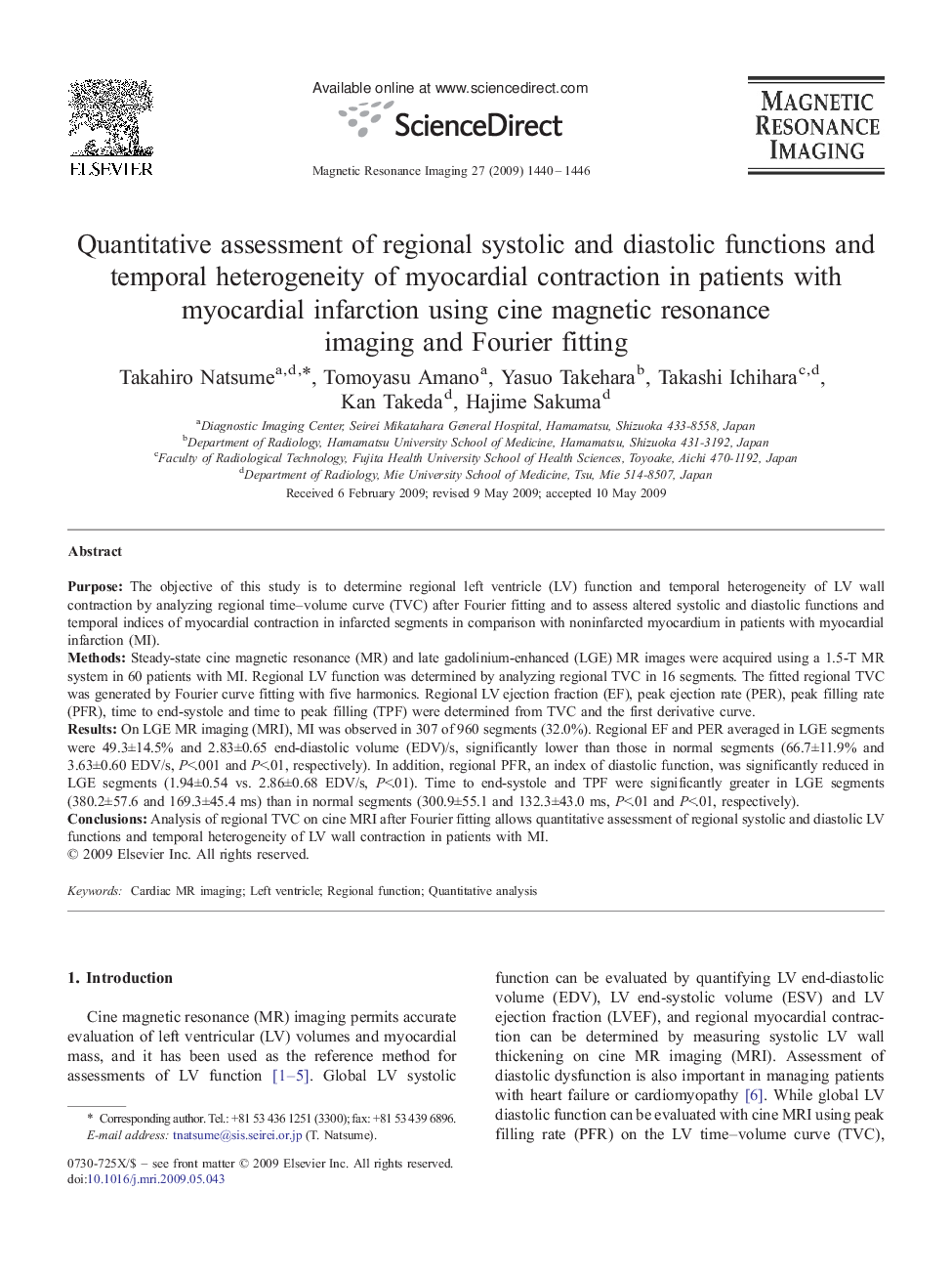 Quantitative assessment of regional systolic and diastolic functions and temporal heterogeneity of myocardial contraction in patients with myocardial infarction using cine magnetic resonance imaging and Fourier fitting