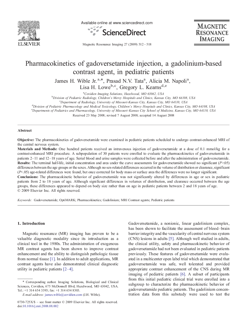 Pharmacokinetics of gadoversetamide injection, a gadolinium-based contrast agent, in pediatric patients