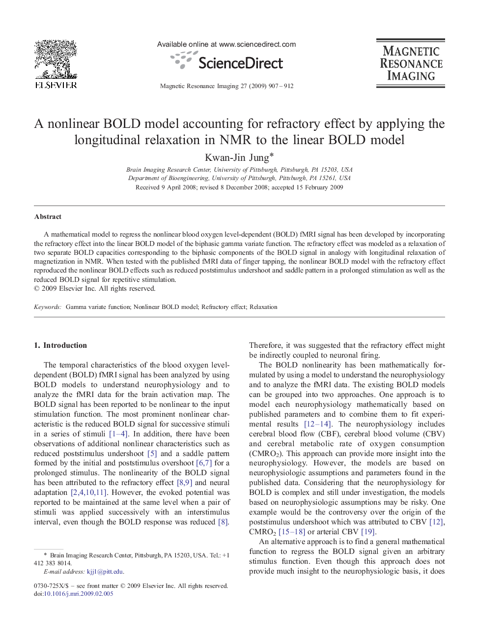 A nonlinear BOLD model accounting for refractory effect by applying the longitudinal relaxation in NMR to the linear BOLD model