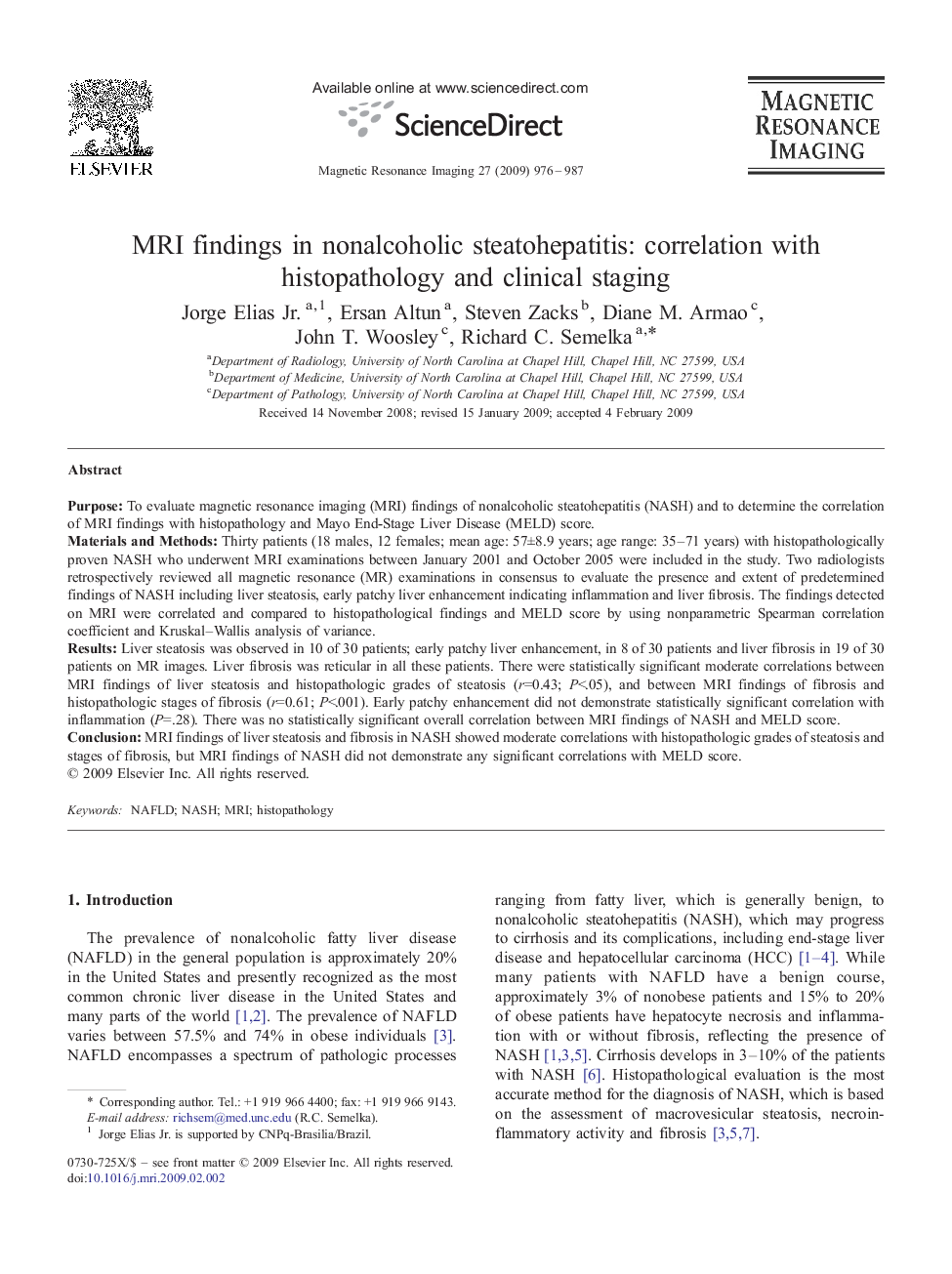 MRI findings in nonalcoholic steatohepatitis: correlation with histopathology and clinical staging