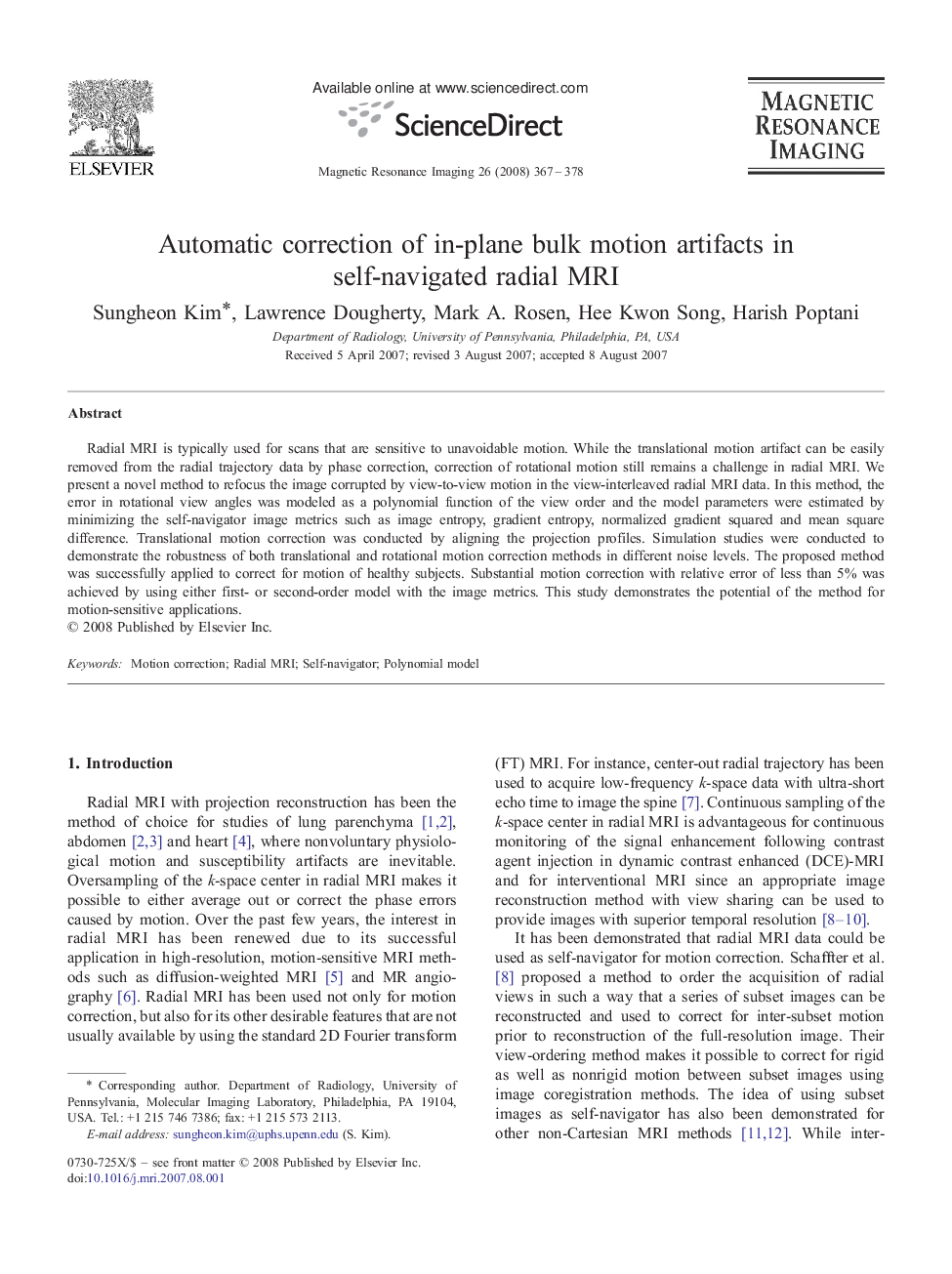 Automatic correction of in-plane bulk motion artifacts in self-navigated radial MRI