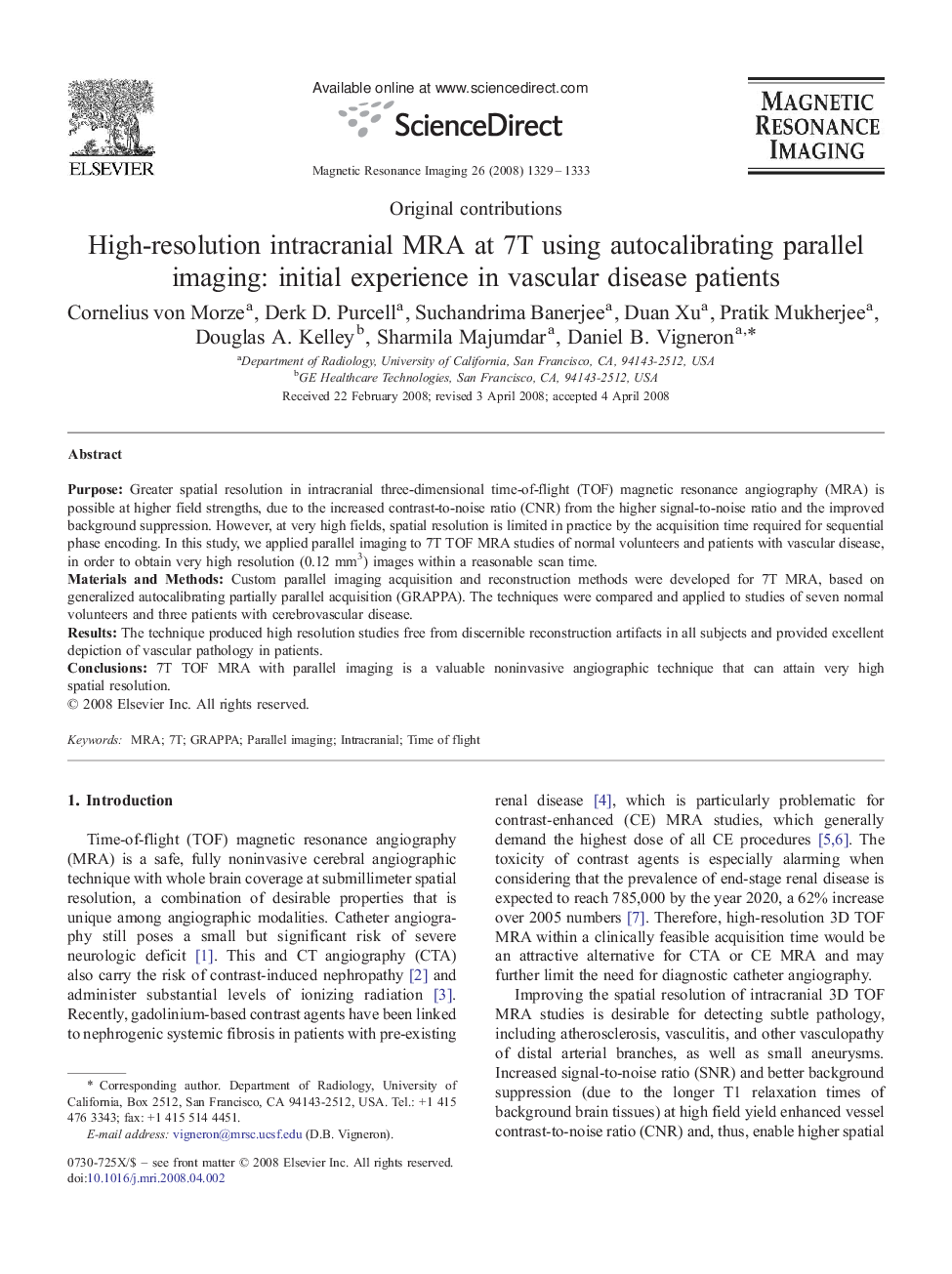 High-resolution intracranial MRA at 7T using autocalibrating parallel imaging: initial experience in vascular disease patients