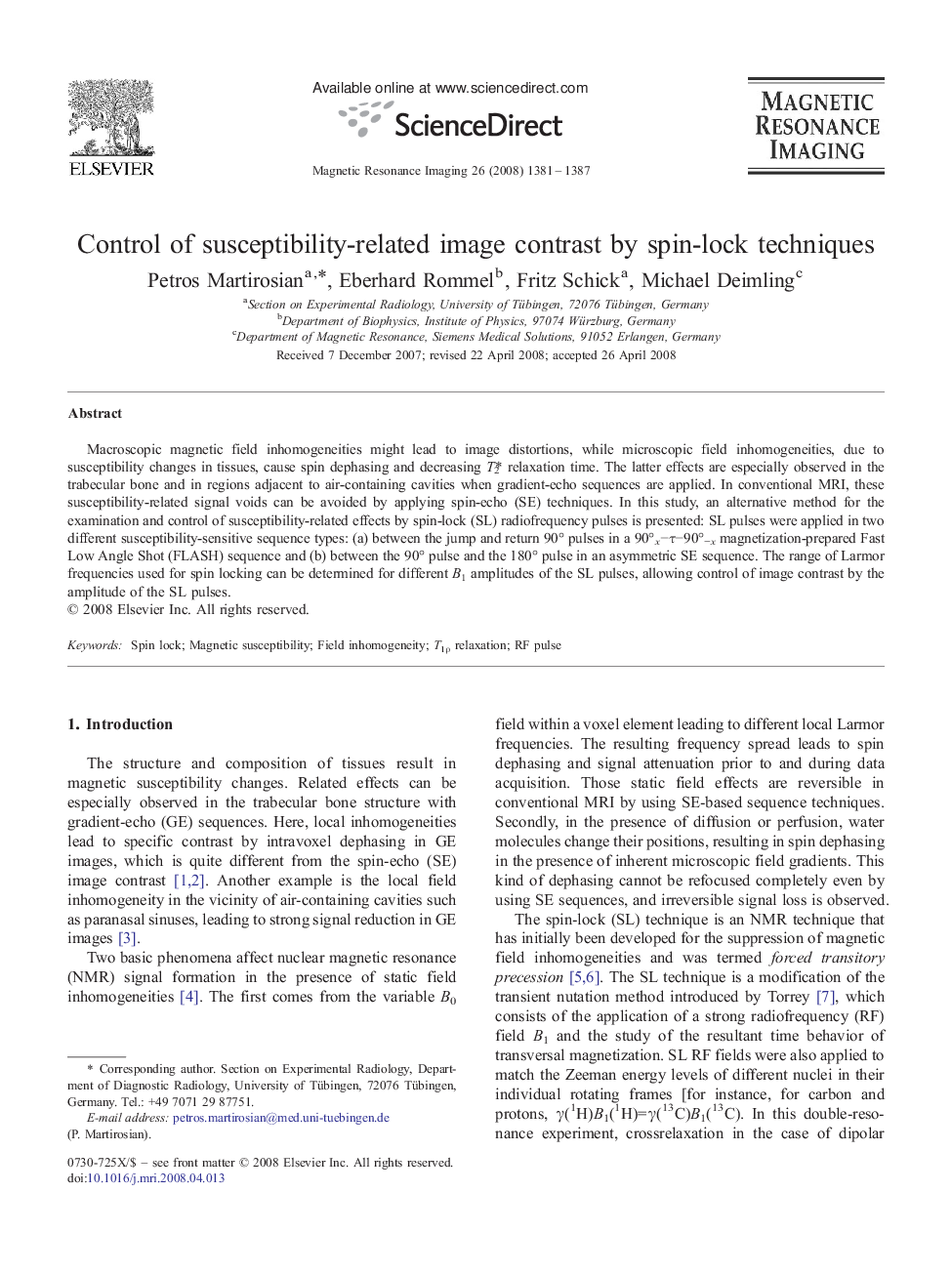 Control of susceptibility-related image contrast by spin-lock techniques