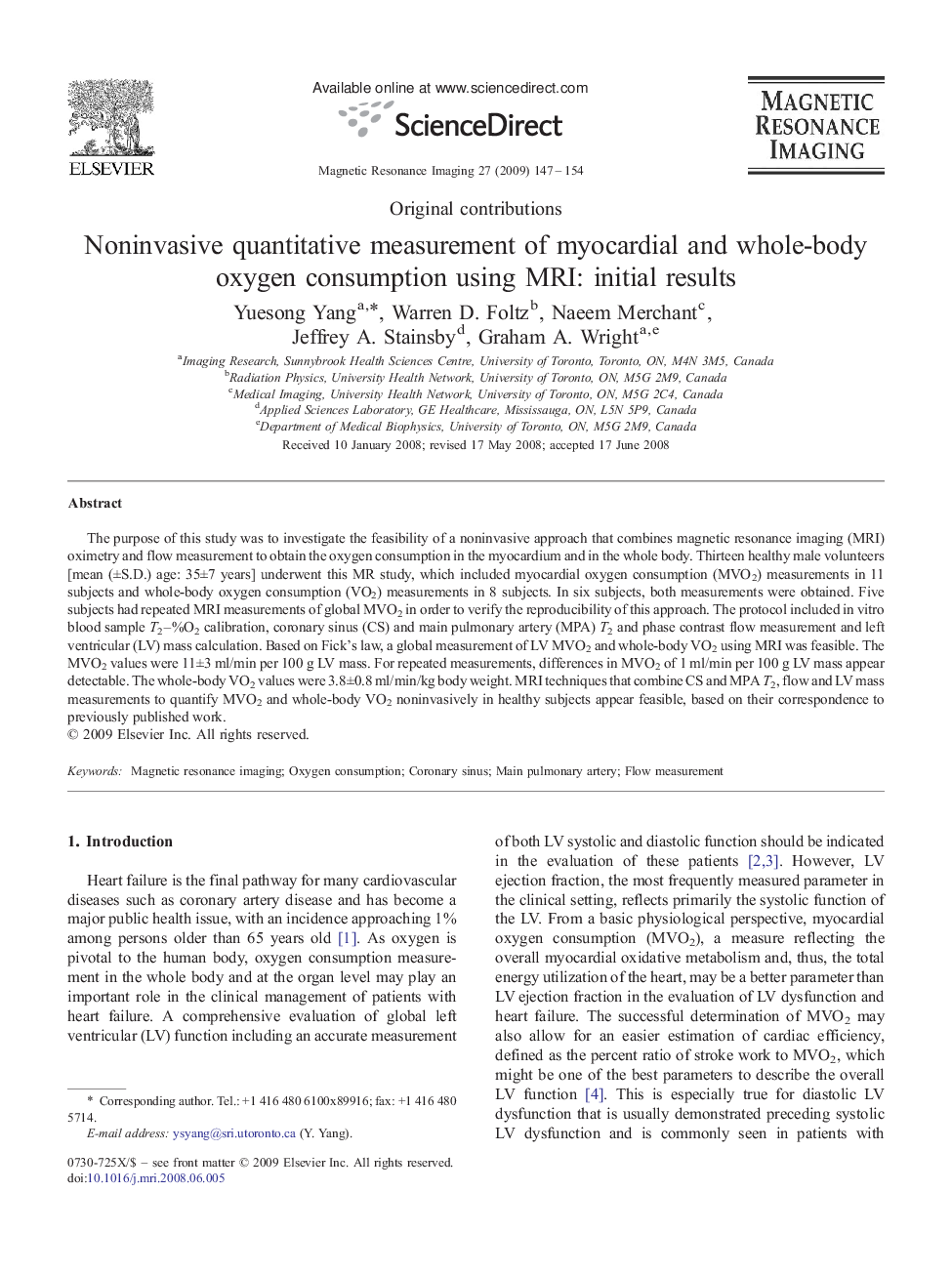 Noninvasive quantitative measurement of myocardial and whole-body oxygen consumption using MRI: initial results