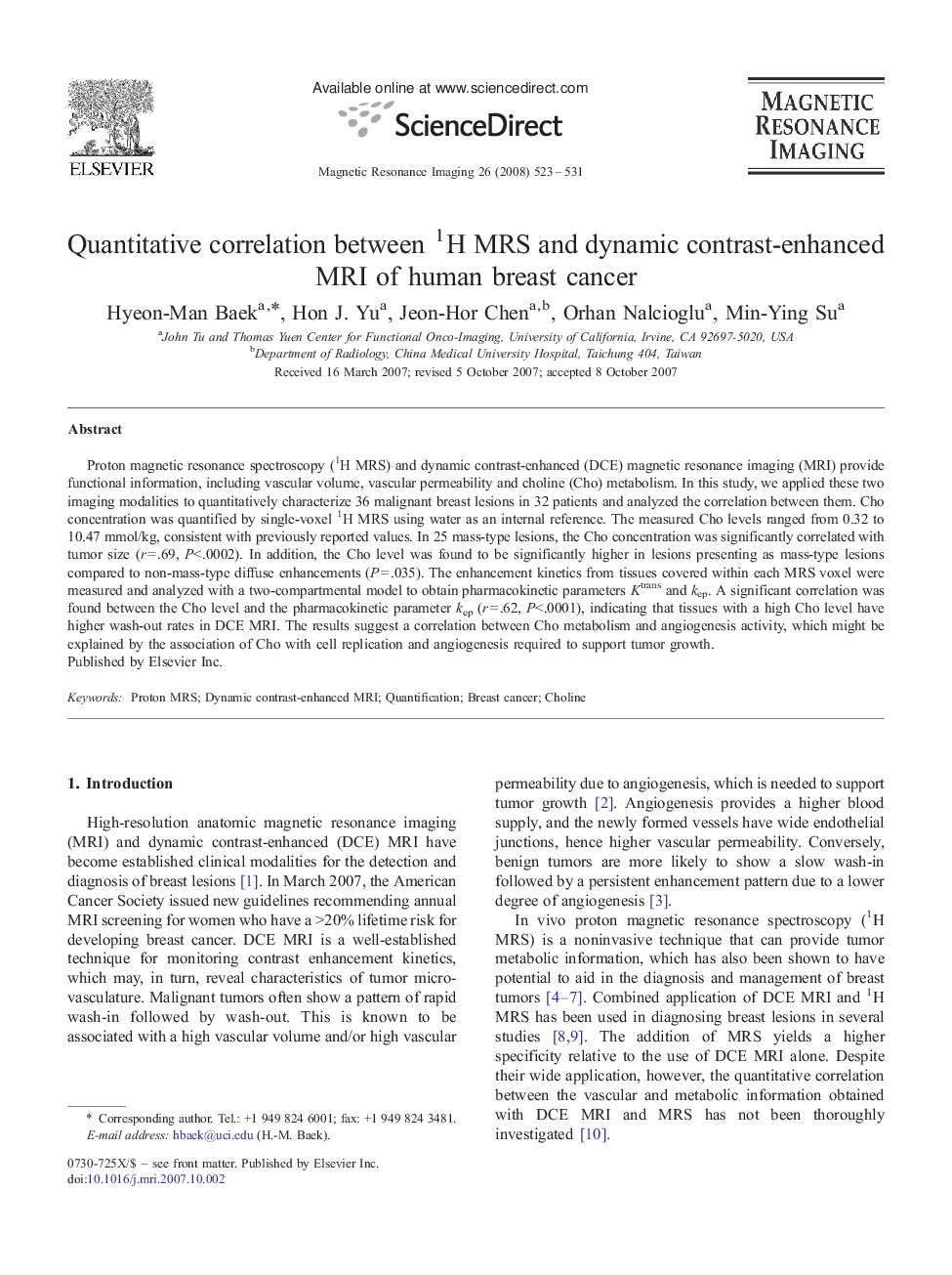 Quantitative correlation between 1H MRS and dynamic contrast-enhanced MRI of human breast cancer